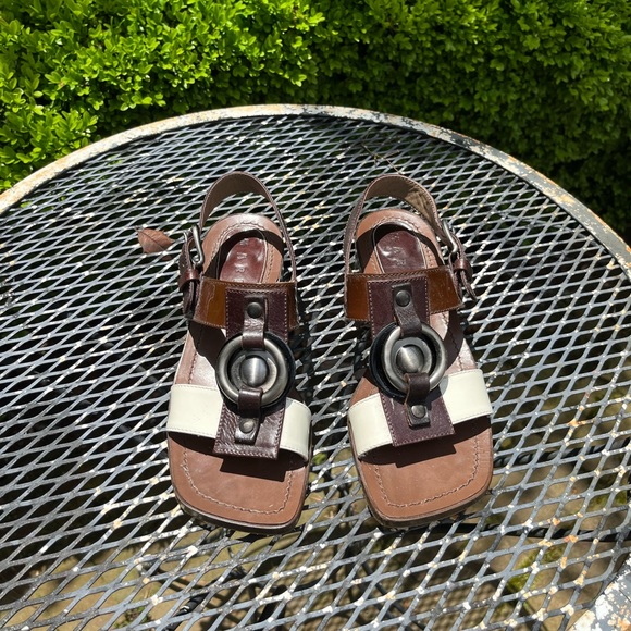 Marni Brown & White Patten Leather sling back sandals. Made...